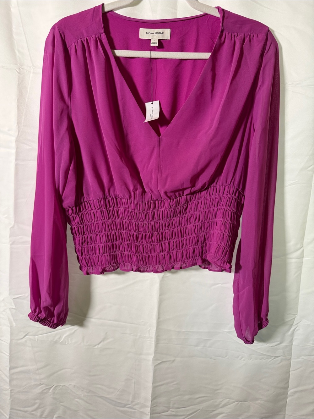 Banana Republic Fuchsia Smocked-Waist V-Neck Blouse
